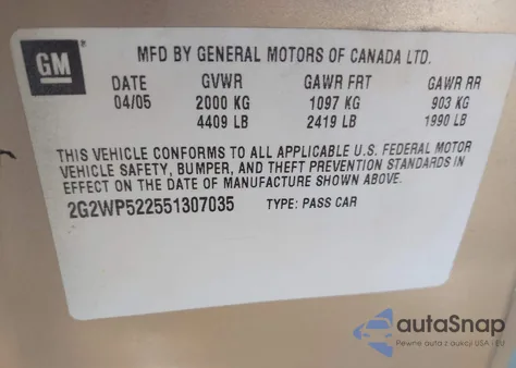 2005 Pontiac Grand Prix z USA, uszkodzony, nr VIN 2G2WP522551307035